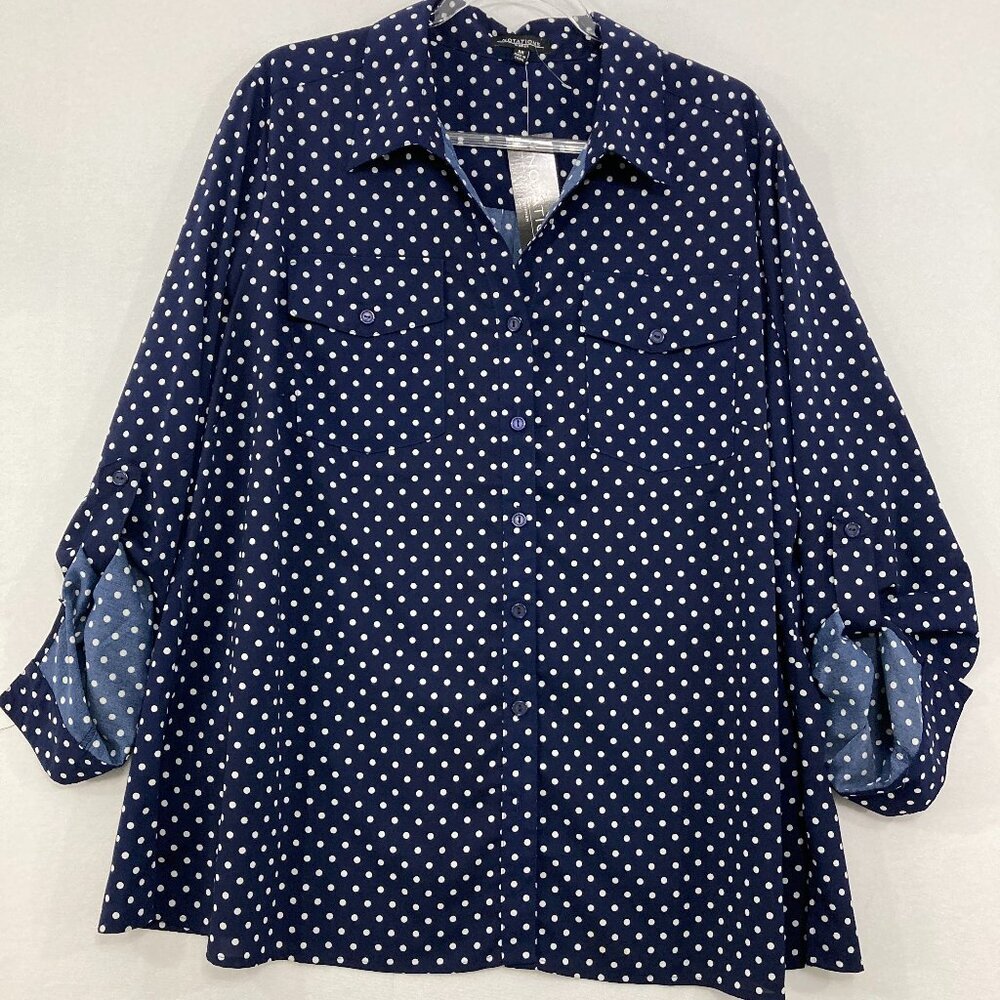 Notations Navy Blue Polka Dot, Lightweight, poly SOFT drape Shirt. Like NEW!